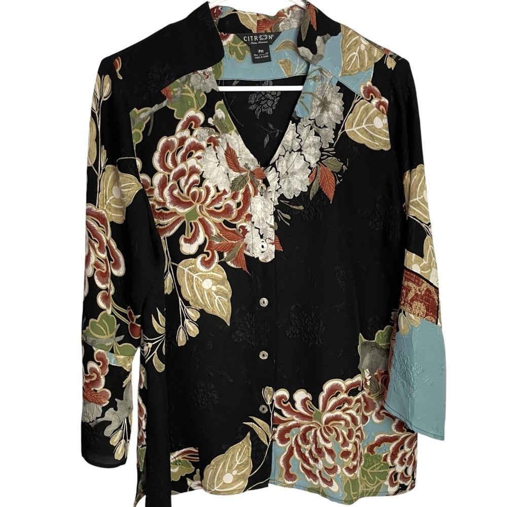 Citron Santa Monica Womens 100% Silk Blouse Size PM Asian Floral Art to Wear